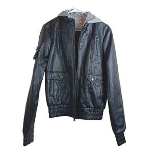 Fly By Night Bomber Jacket Womens Large Black Faux Leather Layered Gray Hood